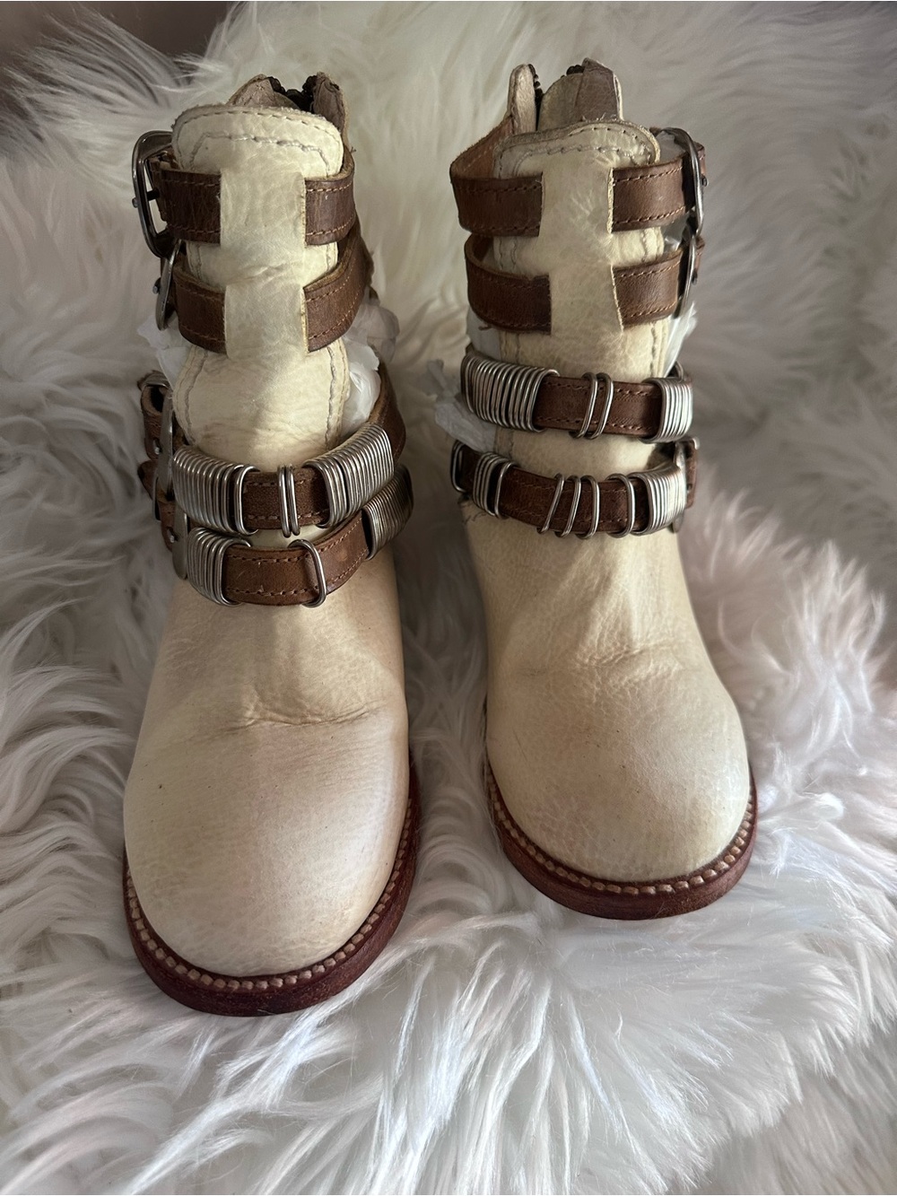 Rare Freebird Savannah Beige and Brown Buckle Ankle Boots
